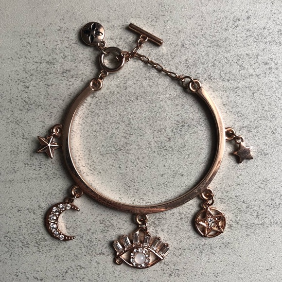 Rose Gold Evil Eye Star Moon Charm Bangle Bracelet - Picture 1 of 6